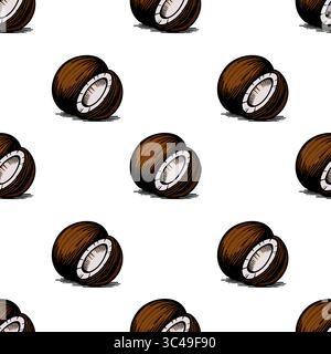 Ein nahtloses Vektor-Muster mit handgezeichneten Kokosnusshälften mit braunen Muscheln und weißem Fleisch, auf einem glatten weißen Hintergrund. Stock Vektor