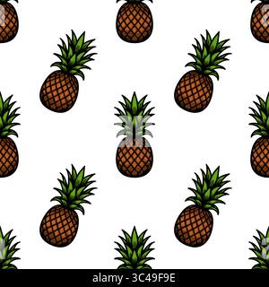Ein nahtloses Vektor-Muster mit Ananas im Cartoon-Stil mit grünen Blättern auf weißem Hintergrund. Stock Vektor