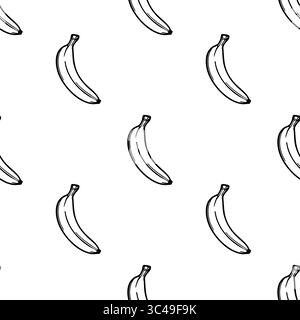 Ein nahtloses Vektormuster mit handgezeichneten Bananen auf weißem Hintergrund. Die Bananen sind schwarz umrandet, was einen minimalistischen und verspielten des schafft Stock Vektor