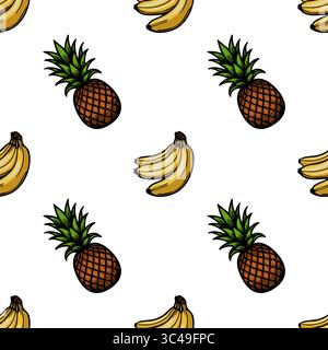 Ein nahtloses Vektormuster mit Illustrationen von Ananas und Bananen auf weißem Hintergrund. Das Design ist lebendig und verspielt, passend für VAR Stock Vektor