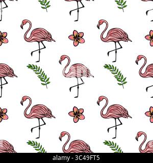 Ein nahtloses Vektormuster mit rosa Flamingos, tropischen Blumen und grünen Blättern auf weißem Hintergrund. Das Design ist lebendig und verspielt, Suita Stock Vektor