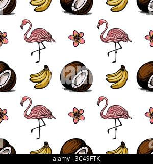 Ein nahtloses Vektor-Muster mit rosa Flamingos, Bananen, Kokosnüssen und tropischen Blumen Plumeria auf einem weißen Hintergrund. Stock Vektor