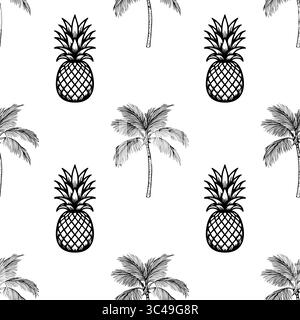 Ein nahtloses Vektormuster mit handgezeichneten Ananas und Palmen auf weißem Hintergrund. Das Design ist verspielt und tropisch, passend für Summen Stock Vektor
