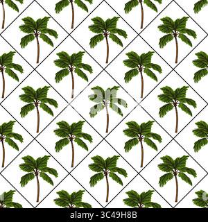 Ein nahtloses Vektormuster mit Palmen, die in einem Diamantgitter auf weißem Hintergrund angeordnet sind. Jede Palme ist mit üppigen grünen Wedeln dargestellt Stock Vektor