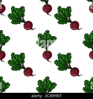 Ein nahtloser Mustervektor mit leuchtenden roten Beeten mit grünen Blättern auf weißem Hintergrund. Die Rote Bete werden stilisiert dargestellt, Stock Vektor