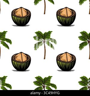 Ein nahtloses Vektormuster mit Kokosnusshälften und Palmen auf weißem Hintergrund. Stock Vektor
