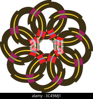 Dynamisches abstraktes Design mit ineinander greifenden Kreisen mit leuchtenden Farbakzenten auf weißem Hintergrund Stock Vektor