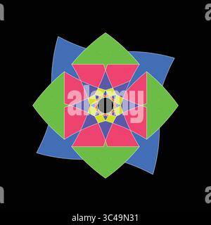 Ein fesselndes geometrisches Design mit einem Sternmuster in kräftigen roten, grünen, blauen und gelben Formen auf schwarzem Hintergrund. Stock Vektor