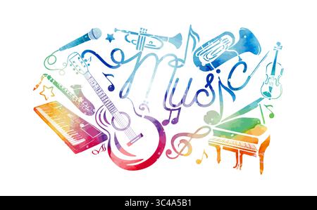 Abstrakte Musik farbenfroh. Viele Musikinstrumente. Handgezeichnet. Nicht AI, Vektorillustration Stock Vektor