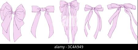 Set aus großen rosafarbenen Coquette-Schleifen mit langen Schwänzen aus Textilsatin und Seidenbändern. Handgezeichnete Illustration in Strichgrafik. Für Frauen, Mädchen Stock Vektor