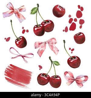 Handgemalte Aquarellillustrationen mit Kirschen, Bögen, Pinselstrich und Beerenspritzern. Eine bezaubernde künstlerische Sammlung für kreative digitale und Stockfoto