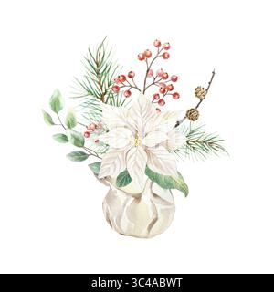 Rustikaler Weihnachtsstrauß mit weißer Weihnachtsstern, Eukalyptus, roten Beeren und Tannenzweigen mit Tannenzapfen Aquarell isolierte Illustration. Hand Stockfoto
