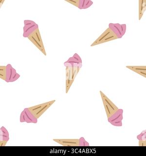 Erdbeer-Eis-Kegelmuster. Niedliche flache Eiskegel mit rosa Schaufel im verspielten nahtlosen Design auf weißem Hintergrund. Stock Vektor