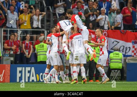 15. Juli 2018: Feiert Ivan Perisic aus Kroatien, der im Luschniki-Stadion während des Finales zwischen Franzisko Kroatien während der Weltmeisterschaft 2018 in der 28-minütigen Runde 1-1 Treffer erzielte. Ulrik Pedersen/CSM(Kreditbild: &Copy; Ulrik Pedersen/CSM via ZUMA Wire) Stockfoto
