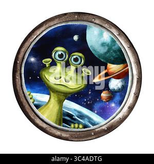 Alien guckt durch das Bullauge eines Raumschiffs. Handgezeichnete Aquarellillustration isoliert auf weißem Hintergrund Stockfoto