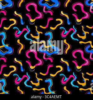 Ein lebhaftes abstraktes Vektormuster mit bunten, welligen Formen in Pink, Blau, Gelb und Orange auf schwarzem Hintergrund. Das Design ist verspielt und d Stock Vektor