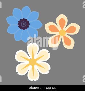 Eine Vektorsammlung von drei stilisierten Blumen auf grauem Hintergrund. Die erste Blume ist blau mit einem dunklen Zentrum, die zweite ist orange mit gelbem peta Stock Vektor