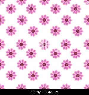Ein nahtloses Vektor-Muster mit rosa Blumen mit braunen Mittelpunkten auf weißem Hintergrund. Die Blumen sind gleichmäßig verteilt, was eine fröhliche und lebhafte Atmosphäre schafft Stock Vektor