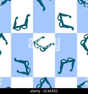 Nahtloses Brillenmuster auf kariertem Hintergrund. Wiederkehrendes flaches Design mit blauen Brillen in verschiedenen Winkeln auf weißen und hellblauen Quadraten. Stock Vektor