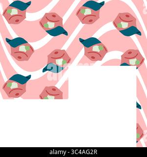 Nahtloses Baseball-Cap-Muster. Wiederkehrende flache Illustration von dunkelblauen Kappen auf gewelltem pastellrosa und weißem Hintergrund. Stock Vektor