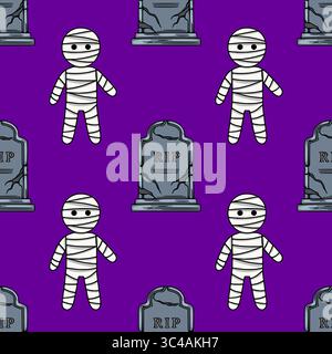 Nahtloses Vektormuster mit niedlichen Cartoon-Mumien und zerrissenen Grabsteinen auf einem leuchtenden lila Hintergrund, ideal für Halloween-Motive. Stock Vektor