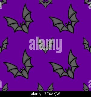 Nahtloses Vektormuster von stilisierten Fledermäusen auf einem leuchtenden lila Hintergrund, mit einer Mischung aus großen und kleinen Fledermausillustrationen für ein Halloween-Design. Stock Vektor