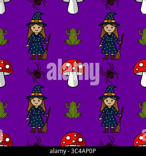 Nahtloses Vektor-Halloween-Muster mit einer niedlichen Hexe, Spinnen, Fröschen und Krötenhocker auf einem leuchtenden lila Hintergrund, perfekt für festliche Designs. Stock Vektor