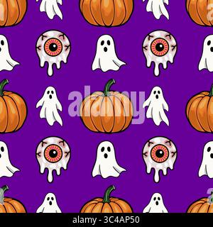 Nahtloses Vektor-Halloween-Muster mit schrulligen Kürbissen, gruseligen Geistern und schmelzenden Augapfelillustrationen auf einem leuchtenden lila Hintergrund, perfekt Stock Vektor