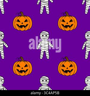 Nahtloses Vektor-Halloween-Muster mit niedlichen Cartoon-Mumien und grinsenden Kürbissen auf einem leuchtenden lila Hintergrund, perfekt für festliche Designs und Stock Vektor