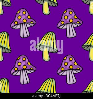 Nahtloses Vektormuster mit skurrilen lila und grünen Pilzen auf einem leuchtend lila Hintergrund, mit einer einzigartigen Mischung aus Polka Dots und gestreiften d Stock Vektor
