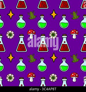 Nahtloses Vektormuster mit skurrilen Halloween-Elementen: Leuchtende grüne und rote Tränke, schrullige Frösche, unheimliche Augäpfel und magische Toadstools Stock Vektor