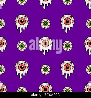 Nahtloses Vektormuster von schmelzenden Augäpfeln mit orange und grünen Iris auf einem satten lila Hintergrund, perfekt für Halloween Designs und gruselige Themen Stock Vektor