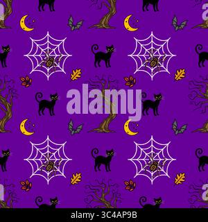 Gruseliges, nahtloses Halloween-Vektor-Muster mit schwarzen Katzen, Spinnennetzen, Fledermäusen und toten Bäumen auf einem leuchtenden lila Hintergrund, perfekt für herbstliches Design Stock Vektor