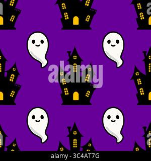 Nahtloses Vektor-Halloween-Muster mit niedlichen Geistern und skurrilen Spukhäusern auf einem leuchtenden lila Hintergrund, perfekt für festliche Designs. Stock Vektor