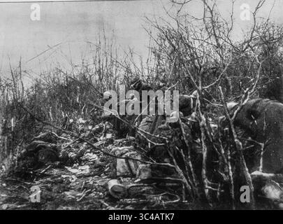 Französische Soldaten, die sich in der Schlacht von Verdun am 24. Februar 1916 im Bois des Caures verfestigten. Das Foto, das in LíIllustration veröffentlicht wurde, fängt eine Morgenruhe zwischen deutschen Angriffen ein. Diese Szene zeigt die Intensität der frühen Verdun-Kämpfe, während Truppen hinter provisorischen Barrikaden aus Ästen und Erde Zuflucht suchen. Der Bois des Caures wurde zu einer symbolischen Frontlinie in einer der brutalsten Schlachten in WWIís Stockfoto