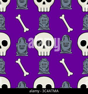 Nahtloses Vektor-Halloween-Muster mit Zeichentrickschädeln, Grabsteinen mit Rip-Inschriften und Knochen auf einem leuchtenden lila Hintergrund, ideal für Spoo Stock Vektor