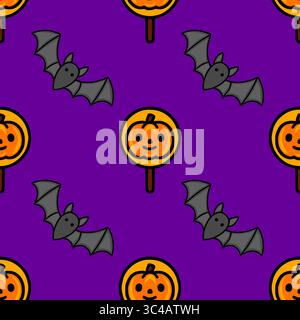 Nahtloses Vektor-Halloween-Muster mit niedlichen Zeichentrickfledermäusen und Kürbislutschen auf einem leuchtenden lila Hintergrund, ideal für festliche Designs. Stock Vektor