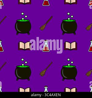 Nahtloses Vektor-Halloween-Muster mit Kessel, Besen, Tränkflasche und Zauberbuch auf einem leuchtenden lila Hintergrund, mit einzigartigen Cartoonfarben s Stock Vektor