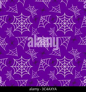 Nahtloses Vektor-Halloween-Muster mit weißen Spinnweben und schwarzen Spinnen auf einem leuchtenden lila Hintergrund, ideal für gruselige Motive und festliche Designs Stock Vektor