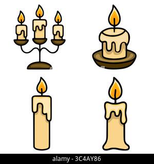 Set aus vier Vektorillustrationen brennender Kerzen: Ein Kandelaber mit drei Kerzen und drei Einzelkerzen mit tropfendem Wachs, perfekt für Halloween Stock Vektor