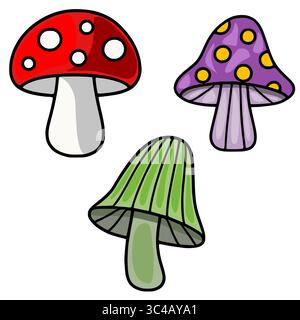 Eine skurrile Vektor-Illustration mit drei einzigartigen Zeichentrickpilzen: Ein klassischer roter Fliegenpilz mit weißen Flecken, ein lila Pilz mit gelben Punkten Stock Vektor