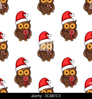 Nahtloses Vektormuster von niedlichen Cartoon-Eulen, die Weihnachtsmützen tragen und Lutscher halten, perfekt für festliche Weihnachtsdesigns und Winterferienprojekte Stock Vektor