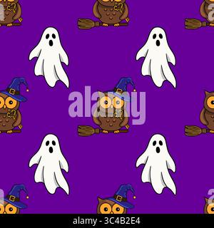 Nahtloses Vektor-Halloween-Muster mit niedlichen Eulen in Hexenhüten, die Besen neben freundlichen Geistern auf einem leuchtenden lila Hintergrund reiten. Stock Vektor