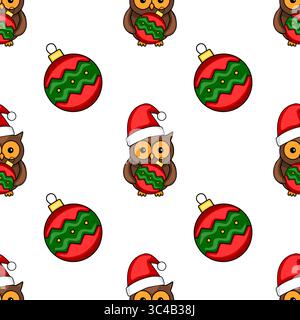 Nahtloses Vektor-Weihnachtsmuster mit niedlichen Eulen in Santa-Hüten, die rote und grüne Kugeln halten, perfekt für festliche Designs und Winterferien. Stock Vektor