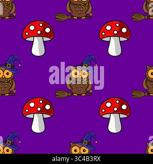 Nahtloses Vektor-Halloween-Muster mit niedlichen Eulen auf Besen, Hexenhüten und leuchtenden roten Toadstools vor einem tiefvioletten Hintergrund, Creatin Stock Vektor