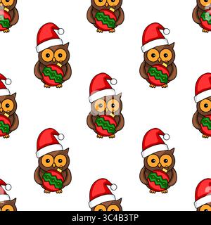 Nahtloses Vektormuster von entzückenden Karikatureulen in Santa-Hüten, die jeweils eine Weihnachtskugel halten und ein festliches und charmantes Winterdesign schaffen. Stock Vektor