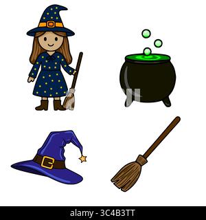 Bezaubernde Halloween-Vektor-Illustration mit einer niedlichen Hexe, Kessel mit sprudelndem Trank, Hexenhut und Besen, perfekt für festliche Designs. Stock Vektor