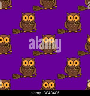 Nahtloses Vektormuster mit niedlichen braunen Eulen auf Besen mit goldenen Schlüsseln, perfekt für Halloween- oder Herbstmotive. Stock Vektor