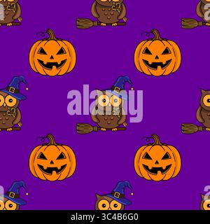 Nahtloses Vektor-Halloween-Muster mit niedlichen Eulen auf Besen, Hexenhüten und geschnitzten Kürbissen auf einem leuchtenden lila Hintergrund, perfekt für festliche d Stock Vektor