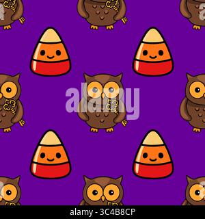 Nahtloses Vektor-Halloween-Muster mit entzückenden Cartoon-Eulen mit goldenen Schlüsseln und fröhlichem Zuckermais auf einem leuchtenden lila Hintergrund. Stock Vektor